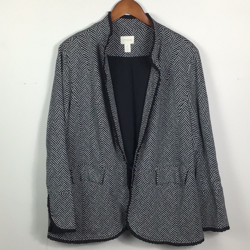 Chico’s Black and White herringbone open front jacket size 4 or XL